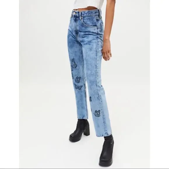 🍒[ X-Girl ] Butterfly Print Acid Wash Straight Leg Jeans - Picture 4 of 15